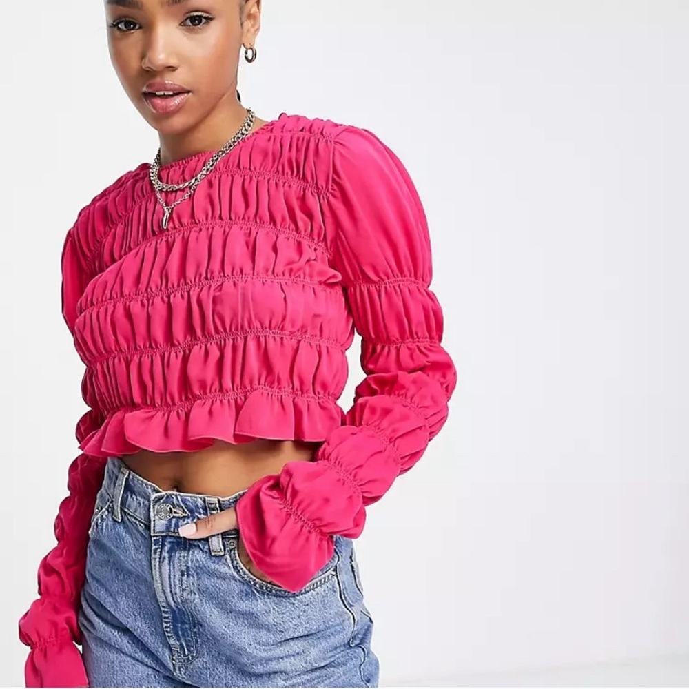 ASOS Lola May Satin Gathered Long Sleeve Crop Top Magenta Pink Blouse